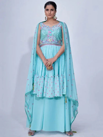 Attractive Sky-Blue Embroidery Chiffon Ready-Made Palazzo Suit